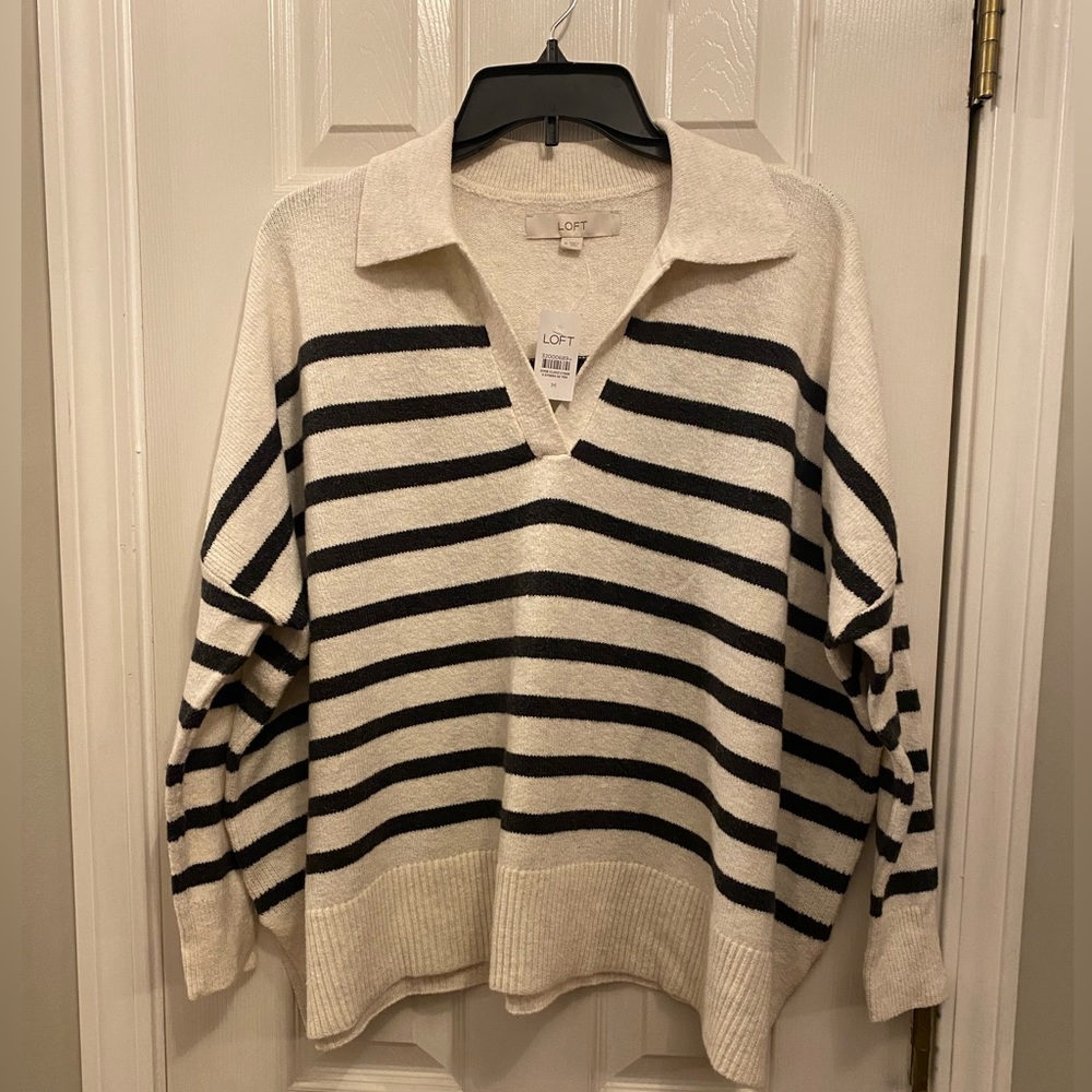 NWT LOFT medium poncho cut polo sweater. Oatmeal with black stripes. Cute!!!